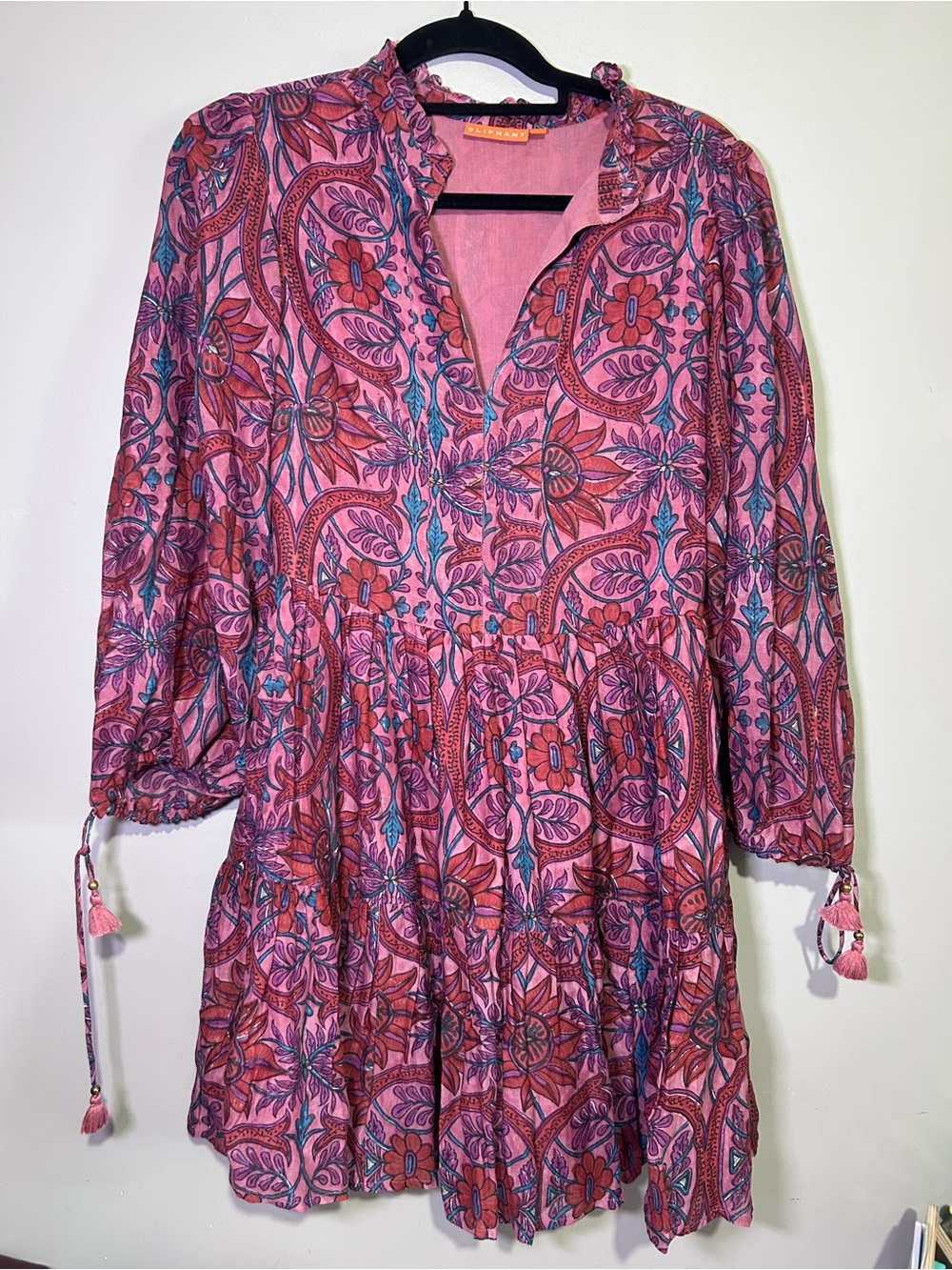 Oliphant XS Pink Floral Paisley Tiered Cotton Mini Dress Tassel Boho